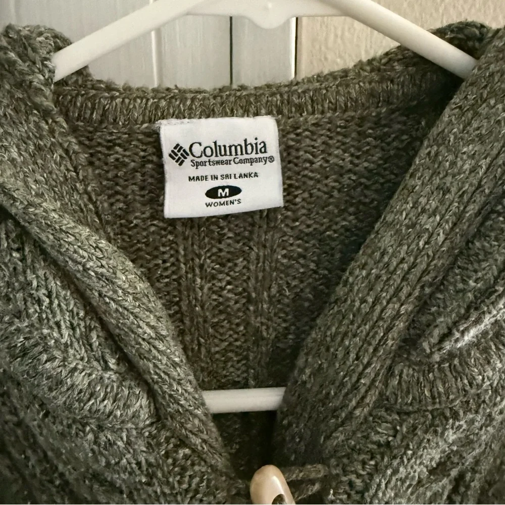 Columbia Olive Green Women's Cable Knit Hooded Cardigan Sweater Med Cotton Blend - Picture 2 of 7